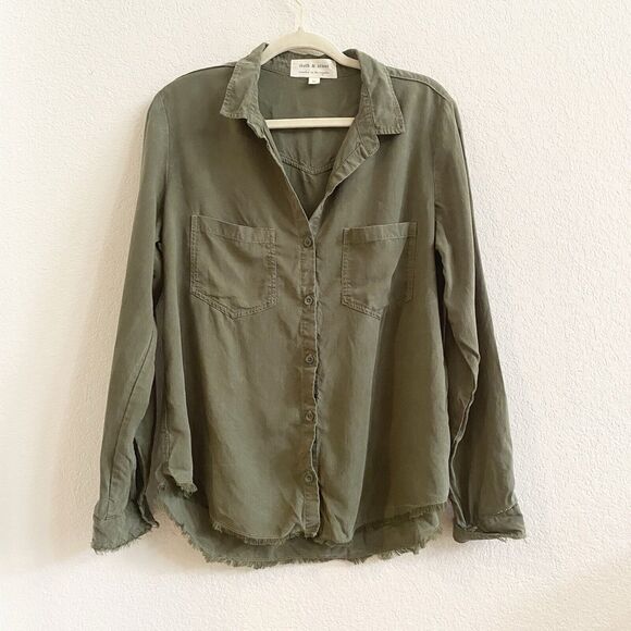 cloth & stone Tops - Anthropologie Cloth & Stone Womens Frayed Button Down Army Green Shirt Blouse M
